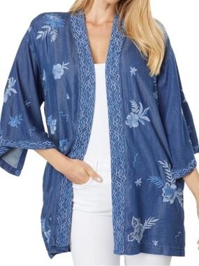 Johnny Was Marbella Embroidered Chambray Kimono Jacket Blue Floral Bird Size M